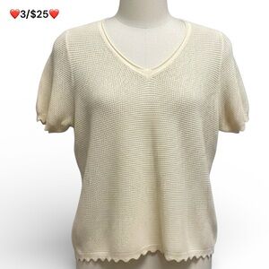Wonderly Cream V Neck Textured Knit Top Large Short Sleeve Neutral ❤️3/$25❤️